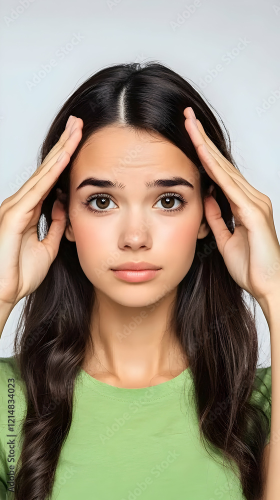 Young Woman Holds Her Head in Pain Experiencing a Headache or Stress Against White Background Young Woman Holds Her Head in Pain Experiencing a Headache or Stress Against White Background