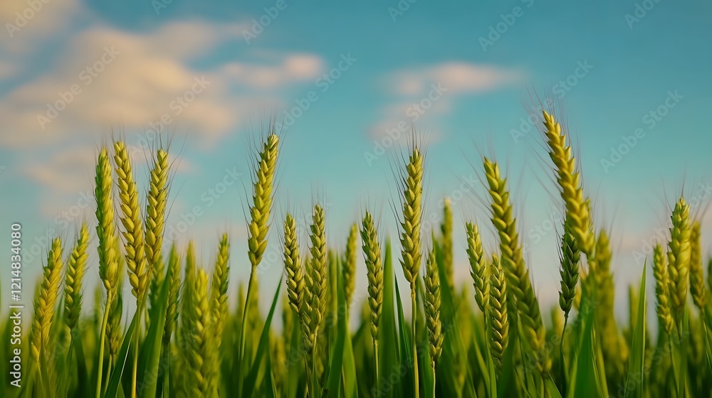Serene Golden Wheat Field Under Vast Blue Sky at Sunset
