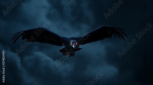A terrifying vulture demon flying through a dark sky with glowing eyes