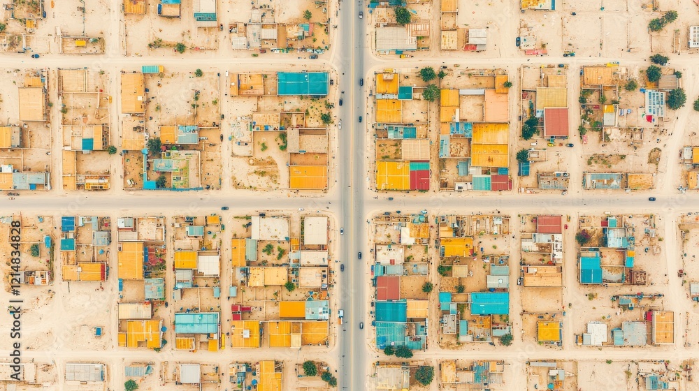 Fototapeta premium An aerial view of a vibrant neighborhood showcasing colorful rooftops and intricate street patterns amidst the sandy landscape.
