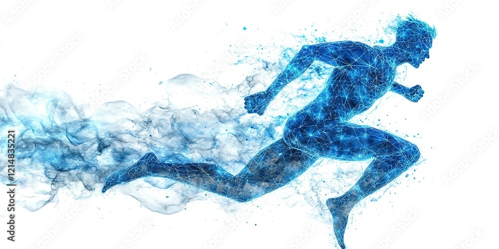 Blue silhouette of a runner in motion against a white background illustrating speed and agility Blue silhouette of a runner in motion against a white background illustrating speed and agility