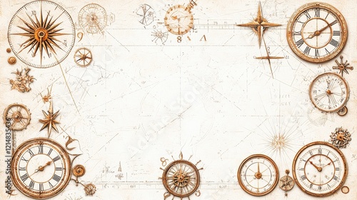 An intricate design featuring various vintage clocks and compass motifs, creating a sense of adventure and timeless exploration.