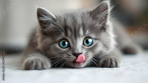 Fluffy gray kitten with green eyes, ideal for pet or cat product branding photo