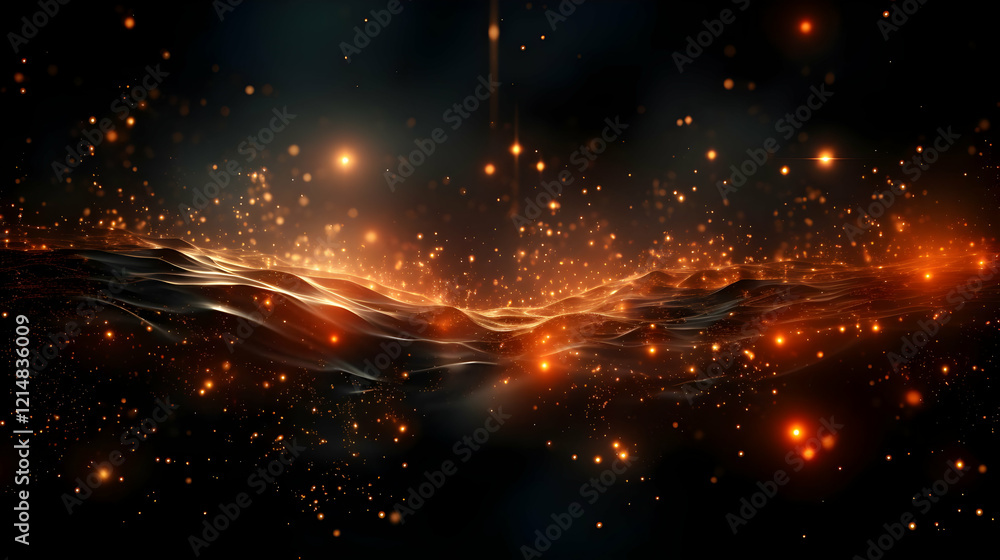Fototapeta premium Abstract Background with Golden Particles Flowing Smoothly over Dark Wavy Surface