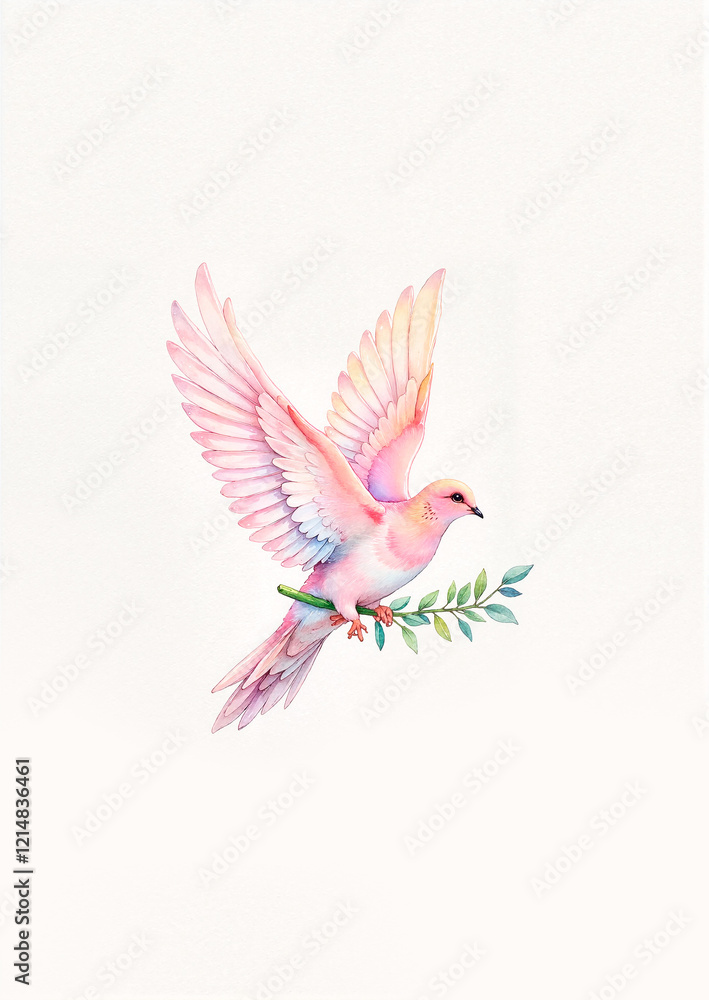 Obraz premium Dove carrying olive branch in pastel sky, symbol of peace