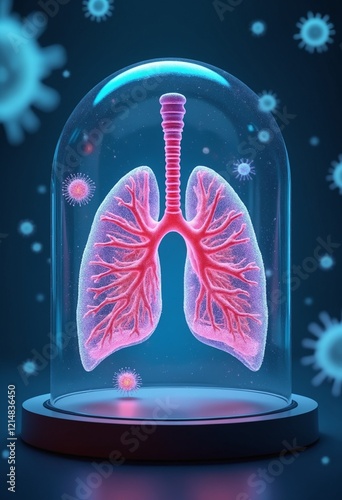 Lungs under glass dome surrounded by HMPV viruses medical research concept photo