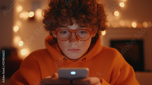 Wallpaper Mural young boy with curly hair and glasses is focused on his smartphone, surrounded by warm, glowing lights. His expression shows concentration and curiosity Torontodigital.ca