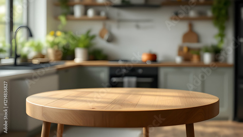 Empty round wooden tabletop in a bright kitchen, perfect for product presentations photo