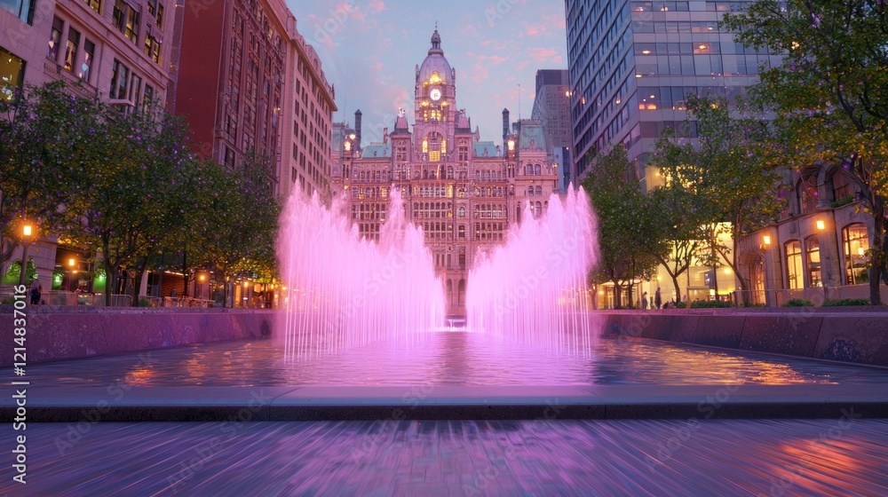 Fototapeta premium Majestic Cascading Waterfall Fountain Illuminated with Changing Colors in Historic Public Square with Old City Hall Background, Cinematic Ultra-Detailed Image