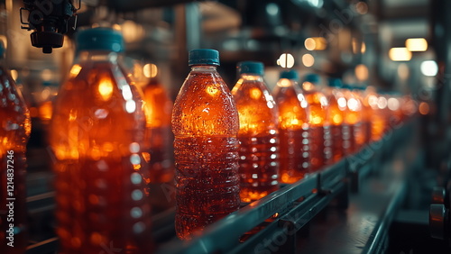 Wallpaper Mural Carbonated soft drink production line in a factory, transparent plastic bottle filled with dark colour soft drink moving in the conveyor belt from process to process Torontodigital.ca