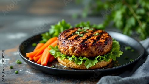 Grilled plant based burger paired with carrots, promoting eco friendly, healthy dining photo