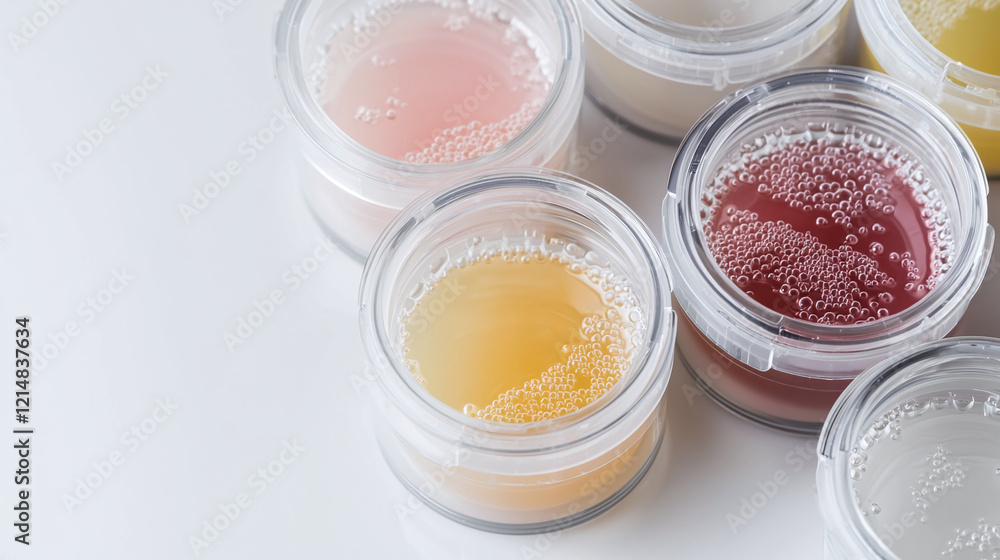 Colorful bioengineering models in clear containers with bubbles, showcasing various textures and colors. These samples highlight innovative materials and scientific exploration Colorful bioengineering models in clear containers with bubbles, showcasing various textures and colors. These samples highlight innovative materials and scientific exploration