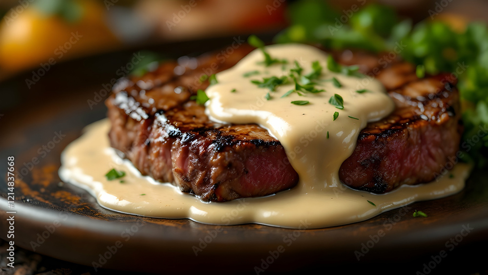Perfectly cooked medium rare steak with creamy sauce, ideal for gourmet dining promotions Perfectly cooked medium rare steak with creamy sauce, ideal for gourmet dining promotions