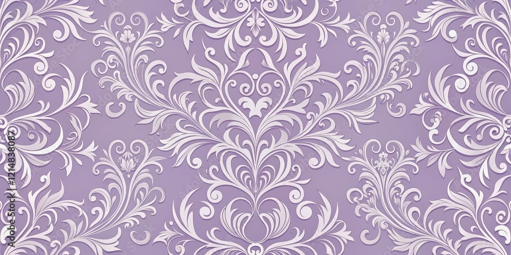 Lavender floral damask pattern with intricate swirling shapes and delicate curved lines on a soft pastel purple background, soft hues , curves Lavender floral damask pattern with intricate swirling shapes and delicate curved lines on a soft pastel purple background, soft hues , curves