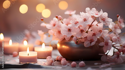 Wallpaper Mural Pink Cherry Blossoms in Vase with Lit Candles Create a Serene Atmosphere Softly. Torontodigital.ca