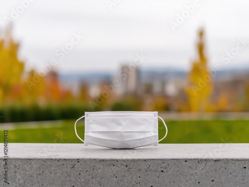 Protective Mask on Concrete Bench in Outdoor Setting photo