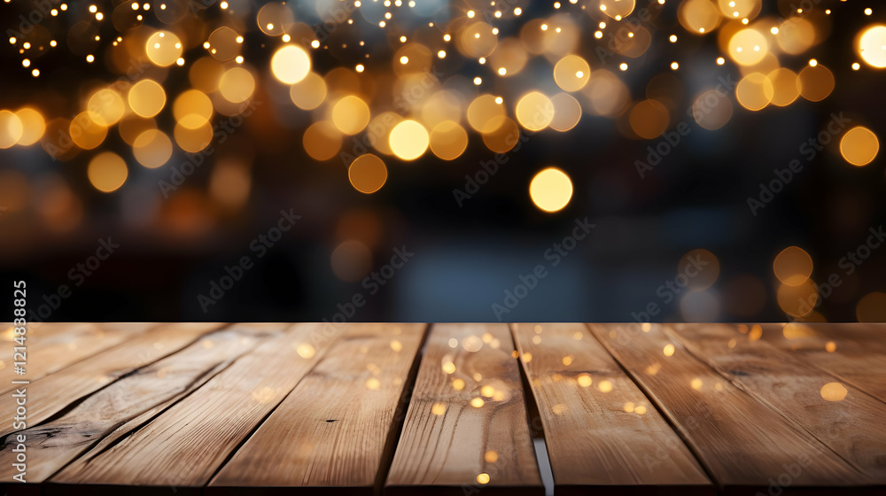 Empty Wooden Table Top With Golden Blurred Lights Background For Display Montage. Empty Wooden Table Top With Golden Blurred Lights Background For Display Montage.