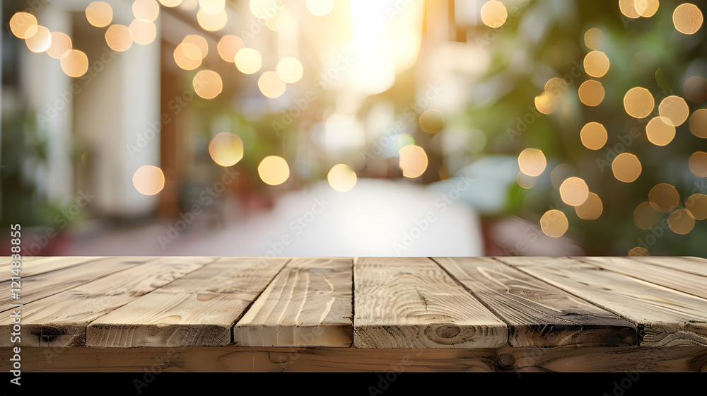 Empty Wooden Table Top with Blurred City Lights Background for Display or Montage Product Empty Wooden Table Top with Blurred City Lights Background for Display or Montage Product