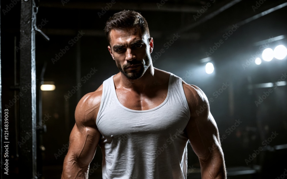 portrait of Powerful Muscular brutal man in darkness. Portrait of handsome muscular man in ripped white shirt in gym on dark background. Man with big shoulders in gym. Cinematic style portrait portrait of Powerful Muscular brutal man in darkness. Portrait of handsome muscular man in ripped white shirt in gym on dark background. Man with big shoulders in gym. Cinematic style portrait