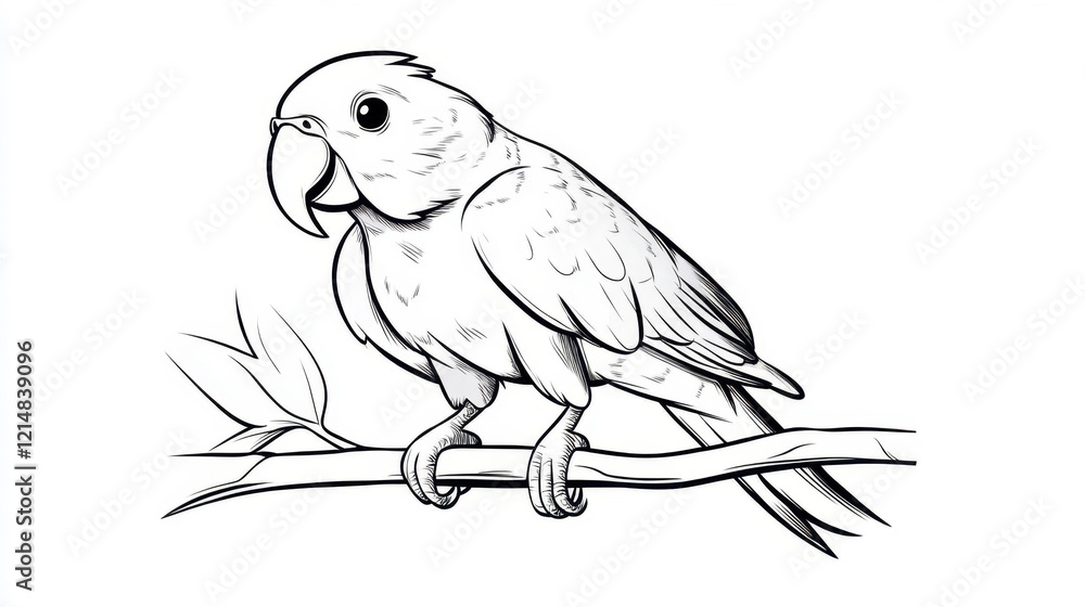 Fototapeta premium Chirping Parrot Sitting on Tree Branch Coloring Page for Adults and Kids