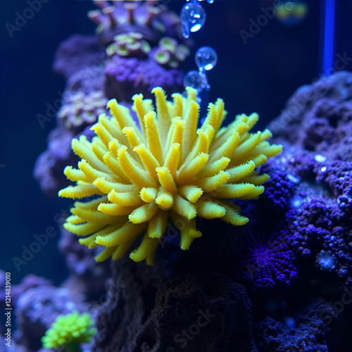 green trumpet coral colony in circular wave flow, nano reef marine aquadesign, fluorescent frag head, live rock ecosystem in actinic blue LED, light and shadow play, professional aquarist care photo