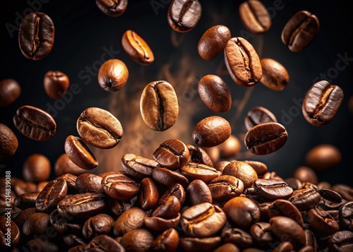 Dark Background Coffee Beans Flying  – High-Resolution Stock Photo
