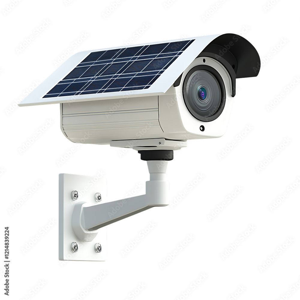 A surveillance camera mounted on a wall. The camera is solar-powered, indicated by the solar panel on its top left side. A surveillance camera mounted on a wall. The camera is solar-powered, indicated by the solar panel on its top left side.