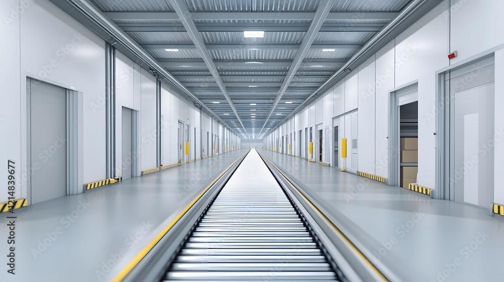 Fototapeta premium Automated Warehouse Conveyor Belts Transporting Cargo Boxes Through Clean and Organized Facility