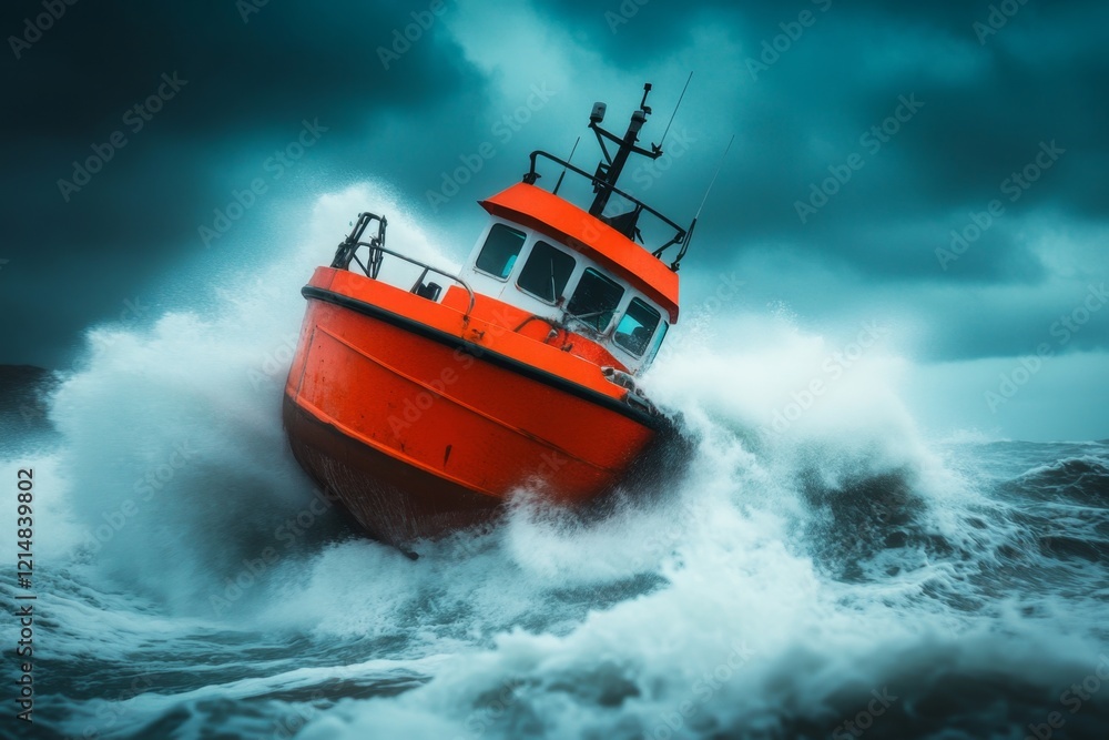 Naklejka premium A stormy sea with a small, capsized boat and a lone survivor clinging to debris, consumed by hopelessness