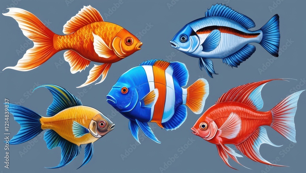 Naklejka premium Vibrant Collection of Colorful Tropical Fish Aquarium Underwater Life Marine Wildlife Illustration