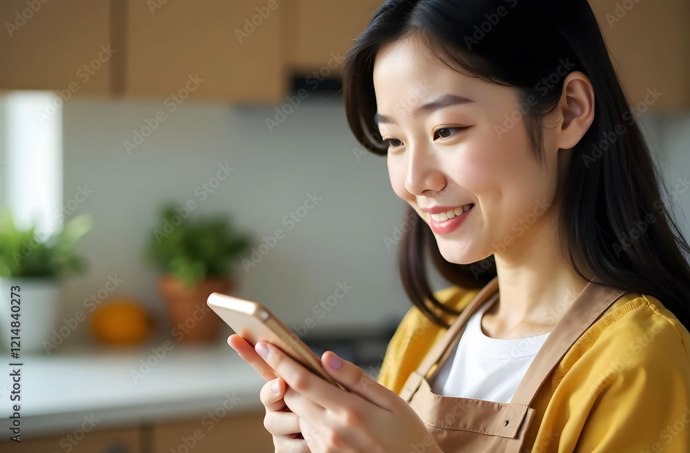 Asian Woman using Smartphone in kitchen. Young Asian woman smiles while using a smartphone in her kitchen. She is wearing a yellow apron. Copy space for text. She looks cheerful, modern, and engaged Asian Woman using Smartphone in kitchen. Young Asian woman smiles while using a smartphone in her kitchen. She is wearing a yellow apron. Copy space for text. She looks cheerful, modern, and engaged