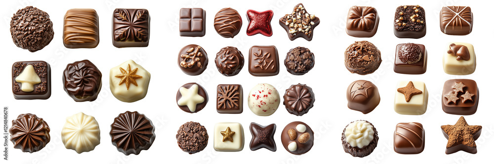 Assorted gourmet chocolates in elegant arrangements, isolated on white or transparent background. Assorted gourmet chocolates in elegant arrangements, isolated on white or transparent background.