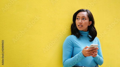 Young woman using smartphone leaning against yellow wall looking away