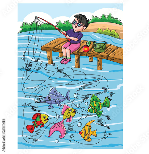 Cute cartoon hand drawn vector Fishing al ittle boy fisherman catches fish in nature pier on the lake illustration.