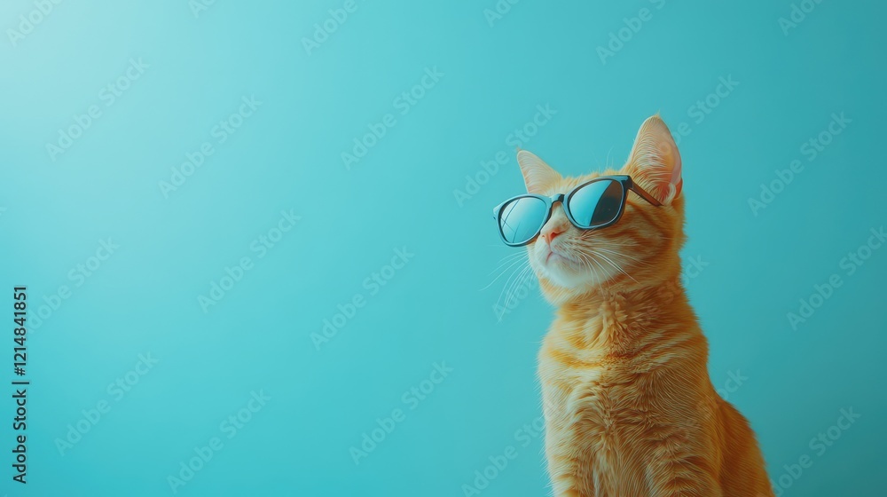 Fototapeta premium Ginger cat wearing sunglasses, striking a cool pose against a turquoise background, perfect for fun, fashion, and playful pet concepts