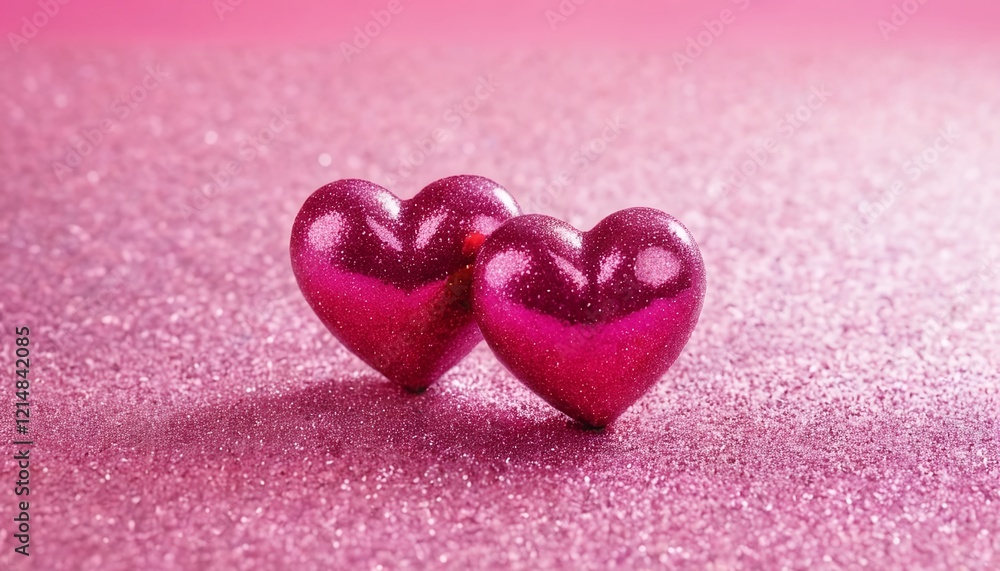 Fototapeta premium Two Pink Glitter Hearts on Sparkling Background