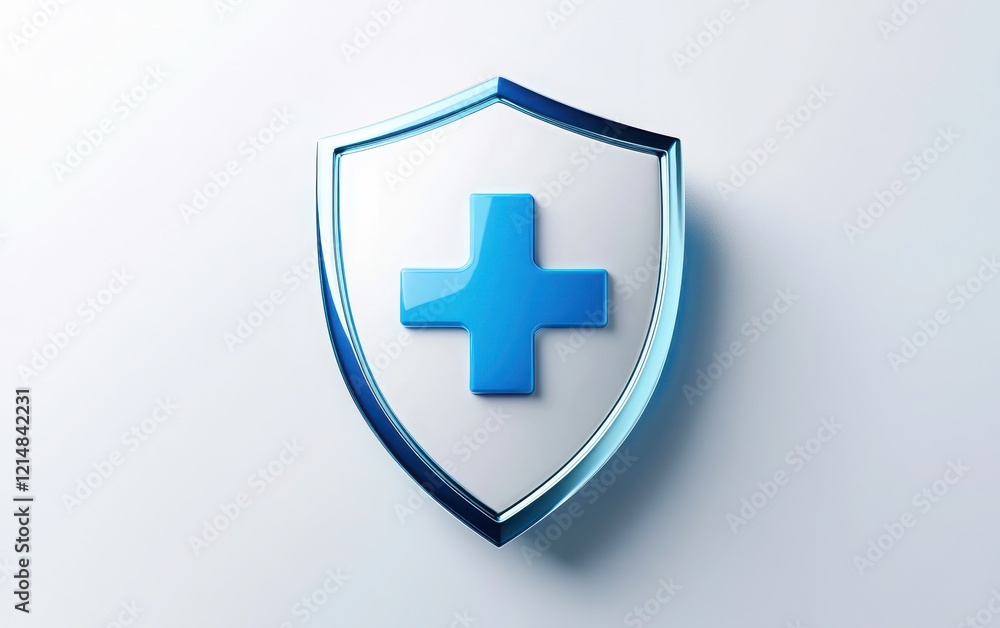 3D digital icon of a shield with a bold plus symbol, rendered in a blue and white medical-themed color scheme, set against a clean white background. 3D digital icon of a shield with a bold plus symbol, rendered in a blue and white medical-themed color scheme, set against a clean white background.