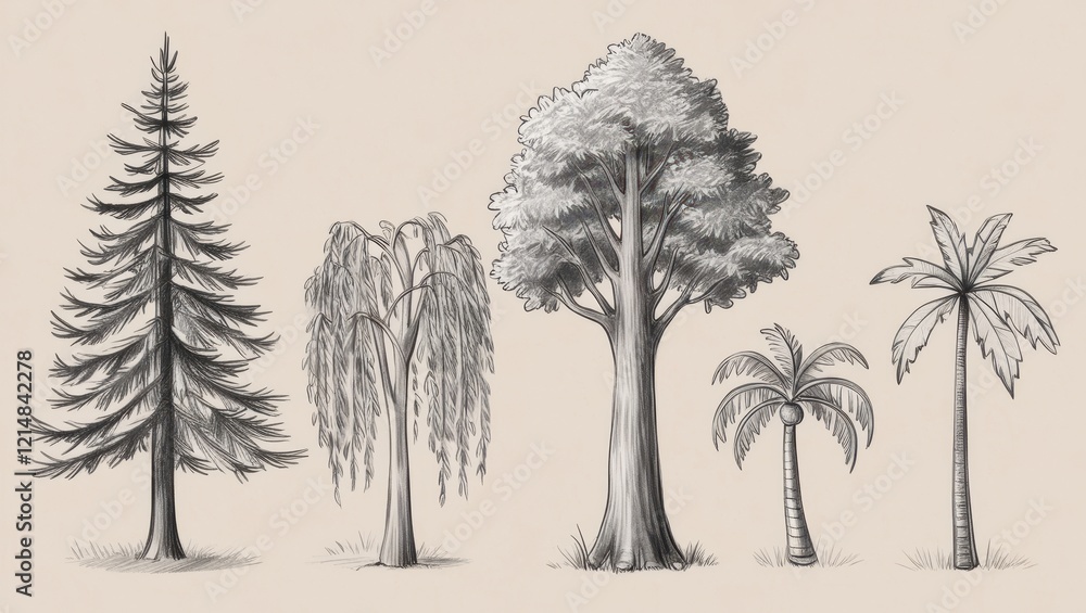 Fototapeta premium Collection of Hand Drawn Trees Conifer Weeping Willow Deciduous and Palm Trees Illustration