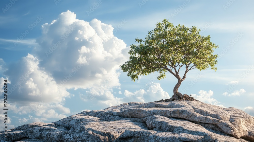A tenacious tree rooted in rugged stone under a pristine sky, representing the enduring strength of nature. A tenacious tree rooted in rugged stone under a pristine sky, representing the enduring strength of nature.