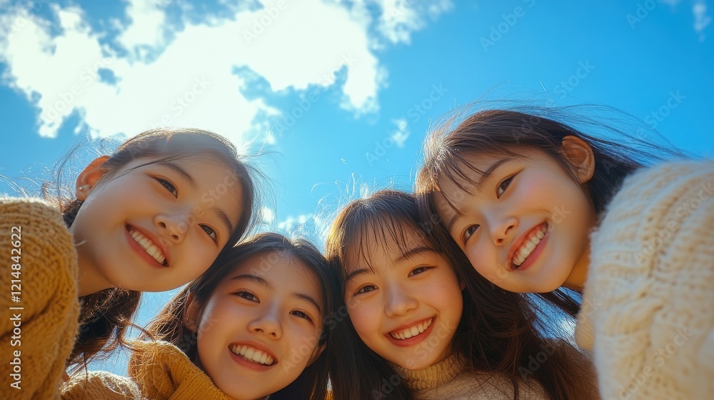 Asian female youngsters looking down at the camera, with the blue sky in the background Asian female youngsters looking down at the camera, with the blue sky in the background