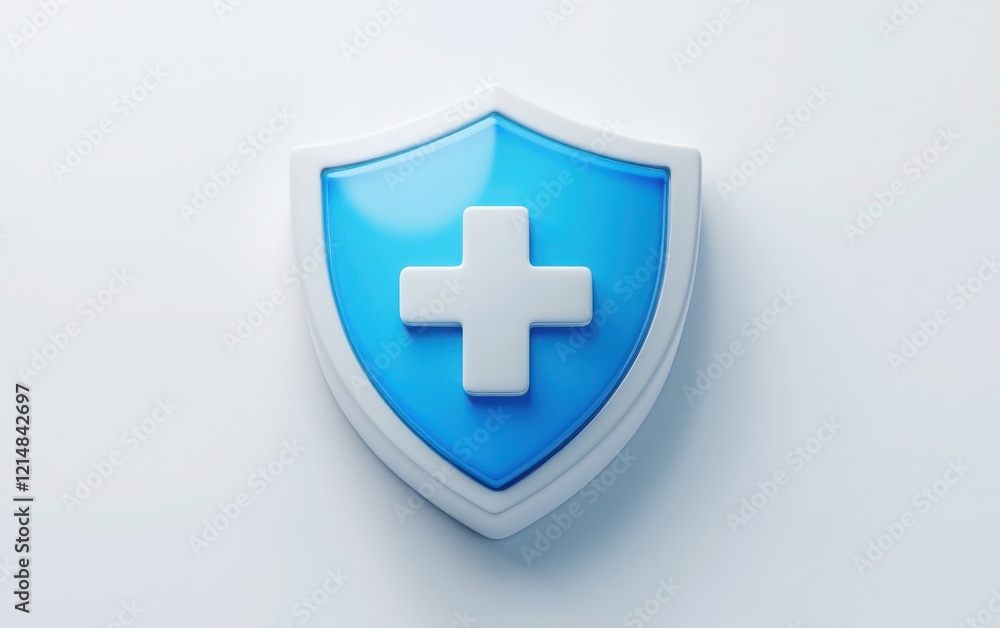 Fototapeta premium 3D icon of a shield with a plus symbol, featuring a clean white and blue color palette, isolated on a white background. 