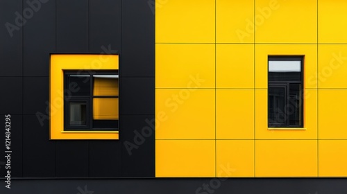 Wallpaper Mural A striking architectural photograph featuring contrasting black and yellow building facades with two distinct window shapes Torontodigital.ca