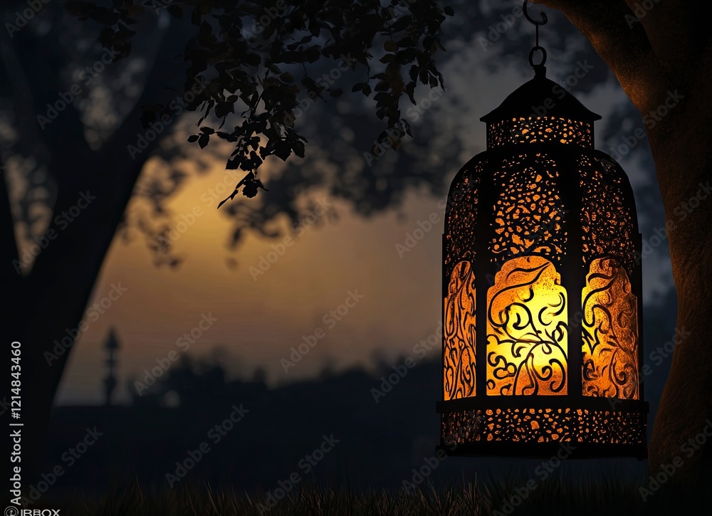 Fototapeta premium A traditional Ramadan lantern glowing in the dark, its intricate patterns casting an enchanting light on the surrounding landscape. 