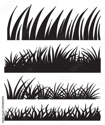 Set of four grass silhouettes vector isolated on white background. Collection of black tall grass clipart. Eco, natural illustration for concept design. Cartoon lines of plants and shrubs for framing 