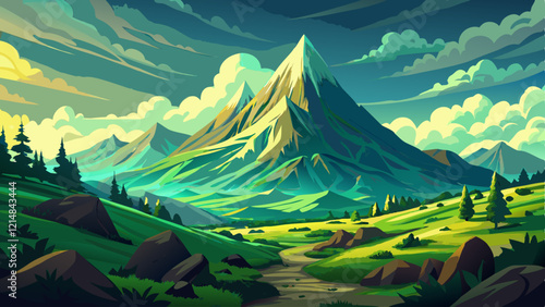 A majestic mountain captured in an oil painting set amidst a mysterious green landscape under a sunny sky.