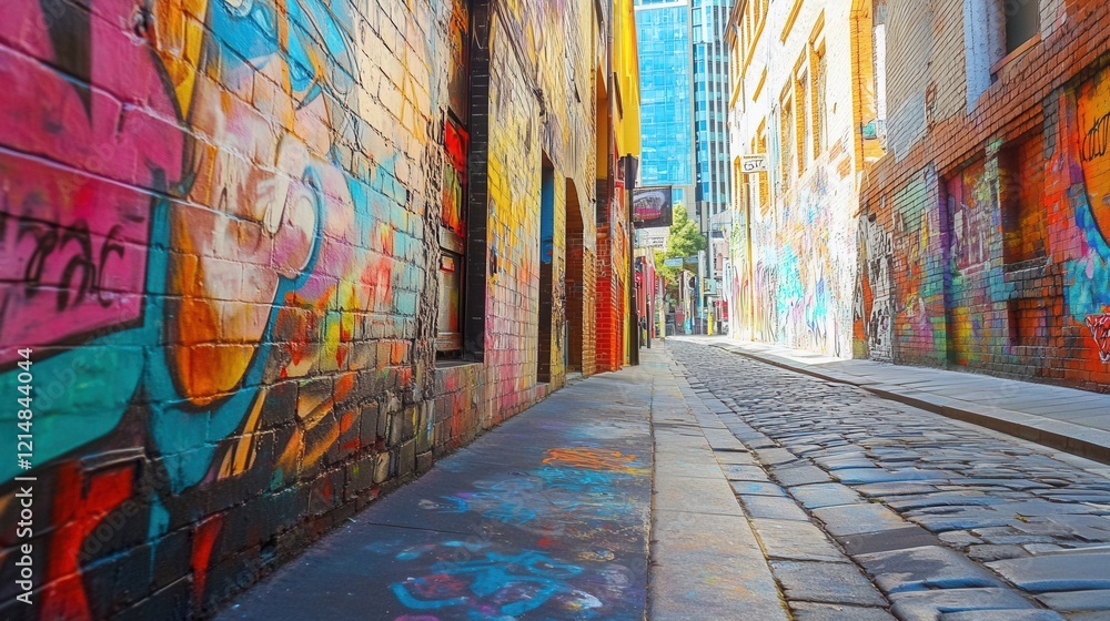 Fototapeta premium Vibrant graffiti decorates an urban alley, showcasing street art.