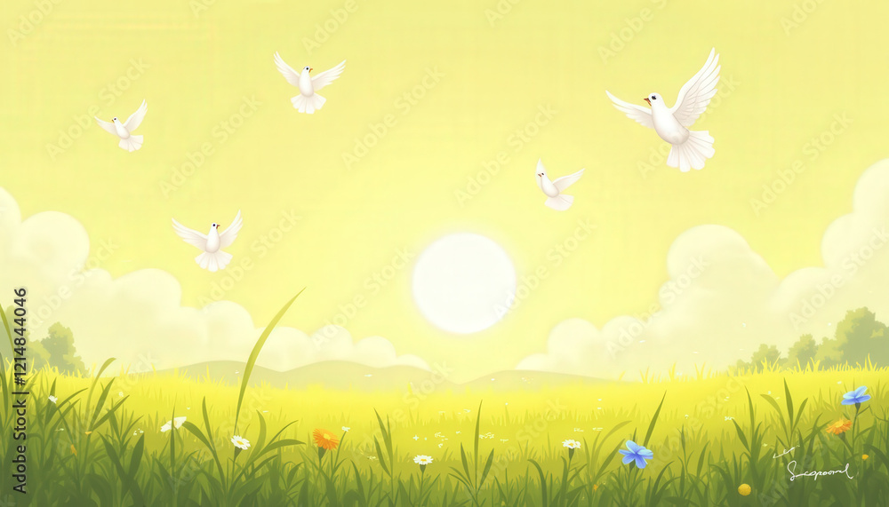 Obraz premium Bright yellow sky with sun and flying birds, perfect for cheerful designs, blogs, and uplifting messages