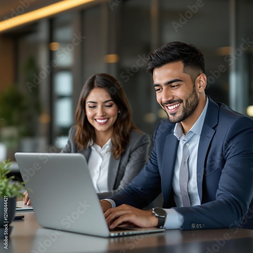 Ejecutivos hispanos, hombres y mujeres, trabajando en computadoras portátiles en la oficina. Ambas personas están sonriendo.