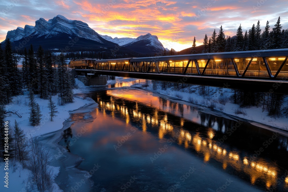 Obraz premium A majestic train glides over a mountain bridge during twilight, its golden lights reflecting on the water below, evoking a sense of adventure and exploration in nature's embrace.