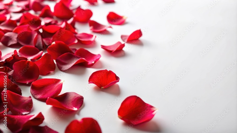 Delicate red rose petals scattered on a soft white background, garden, blossom, garden, blossom Delicate red rose petals scattered on a soft white background, garden, blossom, garden, blossom